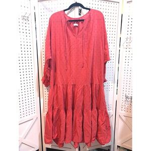 Oversized Coral Tiered Dress with Eyelet‎ Details, V-Neck, Bohemian Style